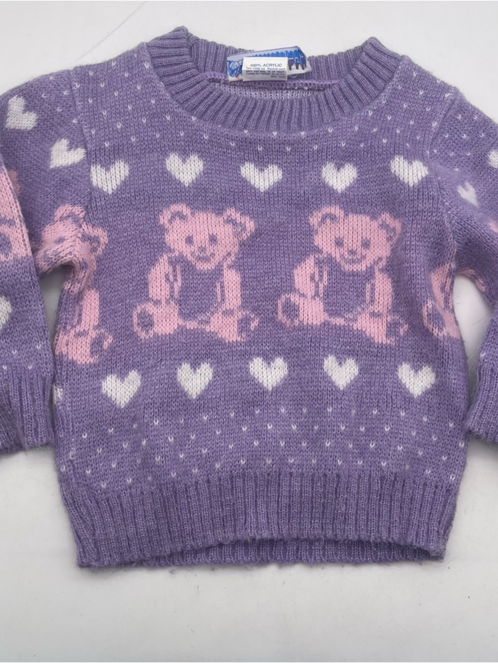 Noah’s Ark Vintage Baby Teddy Bear & Hearts Sweater Purple Pink Shimmer 12m? T1